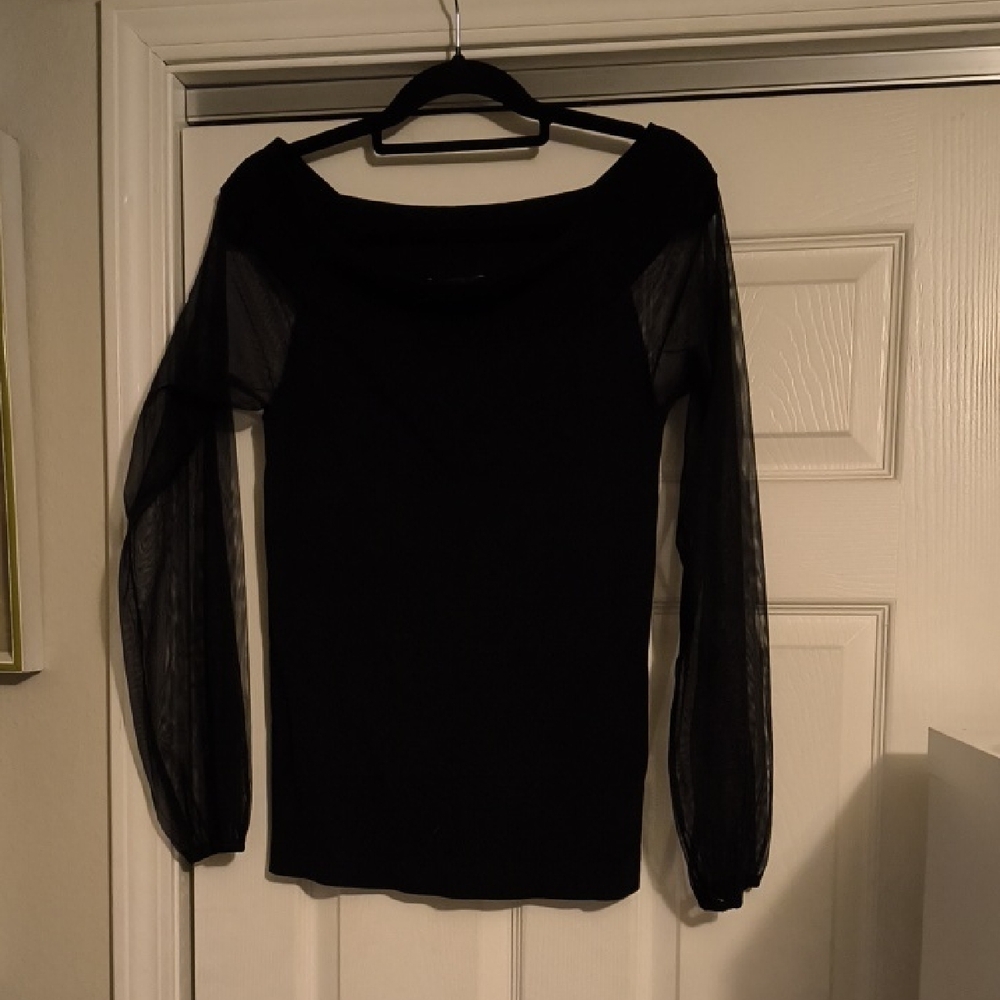 INC International Concepts Black Sheer-Sleeve Blouse